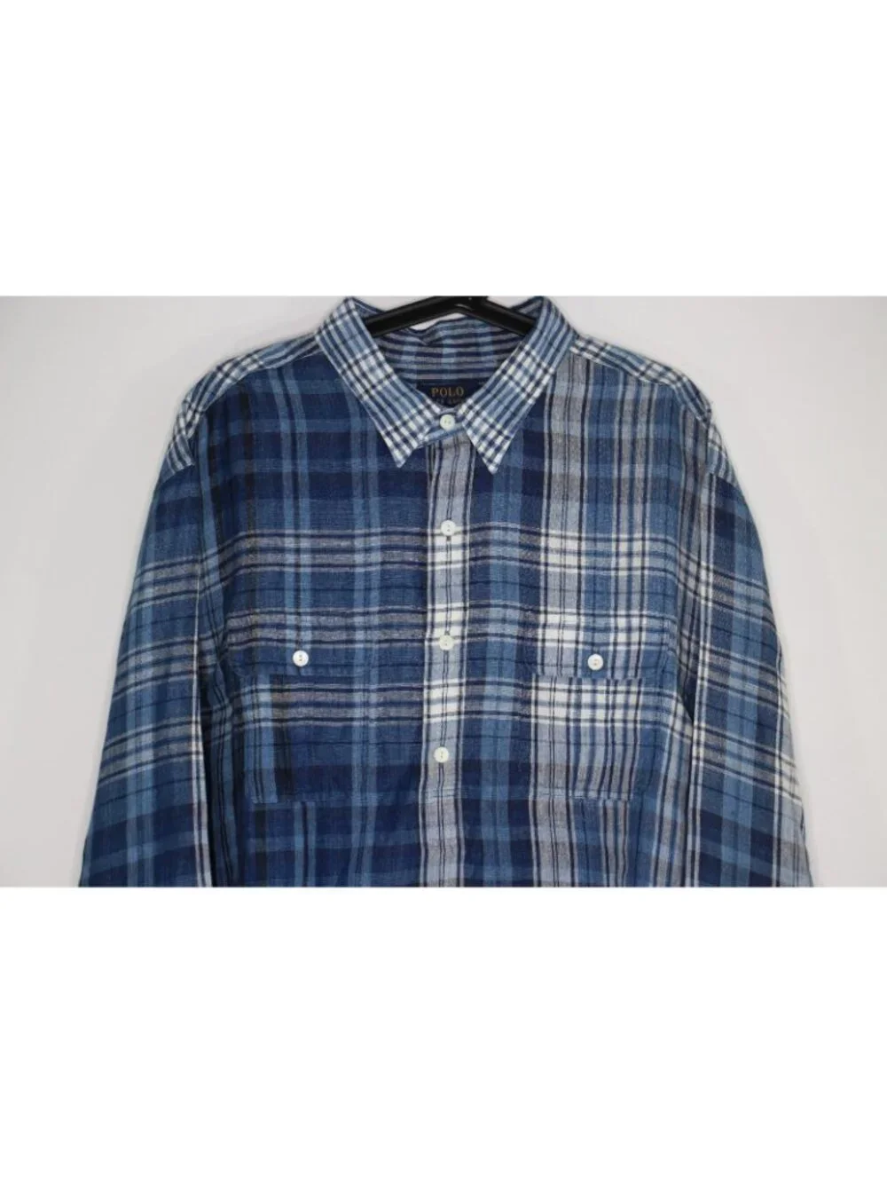 Polo Ralph Lauren Mens 2XL Indigo Linen Plaid Pullover Button Up Shirt G1454 - Picture 2 of 6